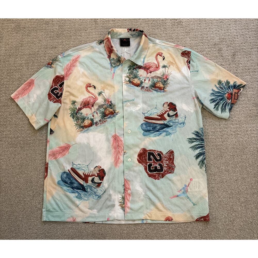 Air Jordan Essentials Mens Sz Medium Camp Shirt Printed Mesh Colorful Tropical